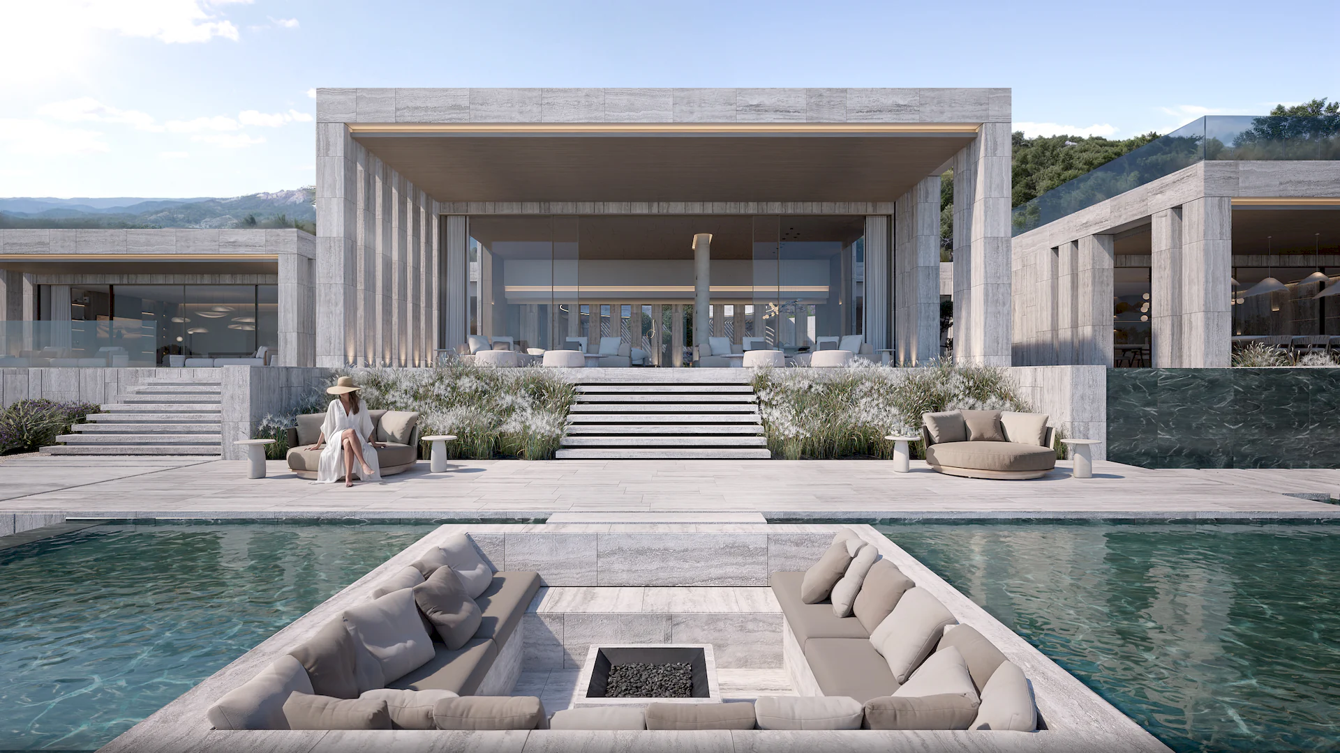 Modern luxury villa with clean lines and large windows overlooking a pool. A sunken seating area is integrated into the poolside, surrounded by minimalistic landscaping.